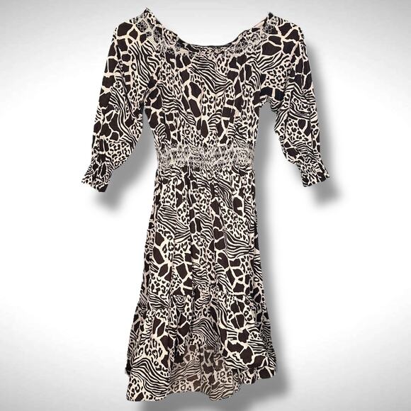 Adam Lippes Size 14 Smocked‎ Off Shoulder Midi Dress Brown Mixed Animal Print - Picture 3 of 13